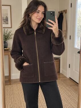 Vintage Daniel Hechter 100% Wool Coat Faux Fur Trim Size Medium Brown